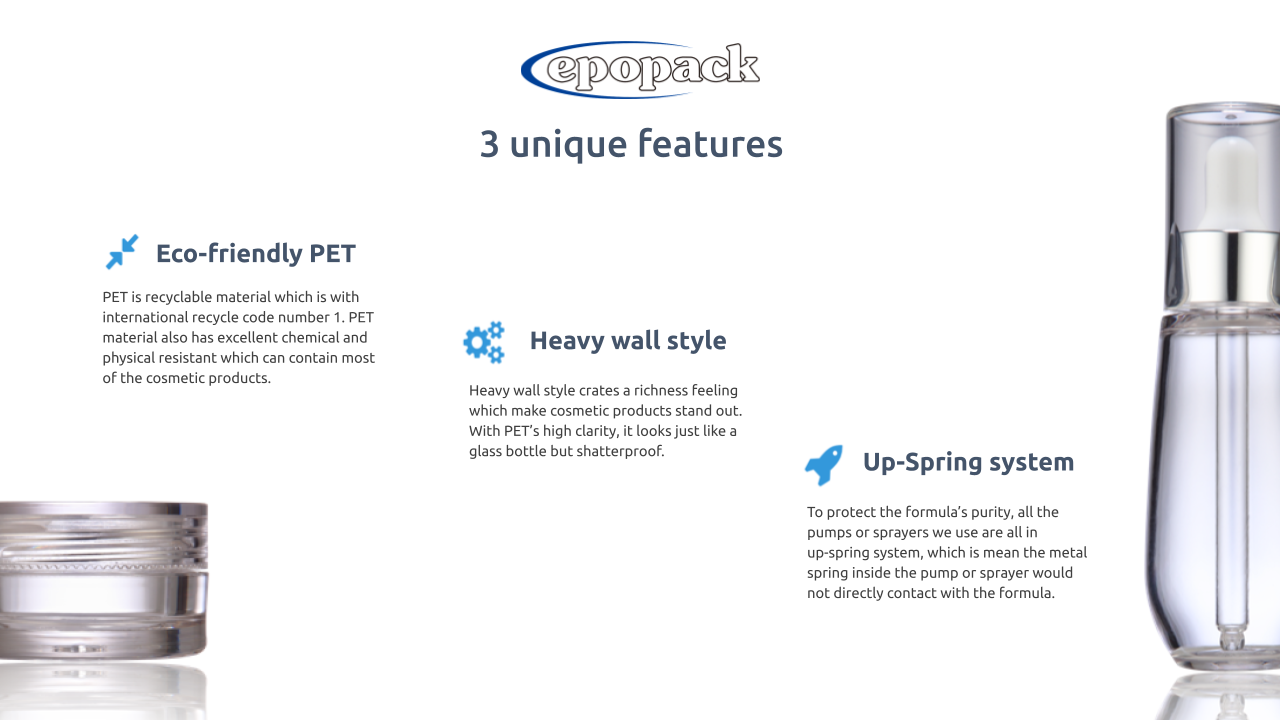 Three Key Differentiators of EPOPACK's Cosmetic Packaging: Eco-Friendly PET, Heavy Wall Style, and Up-Spring System 